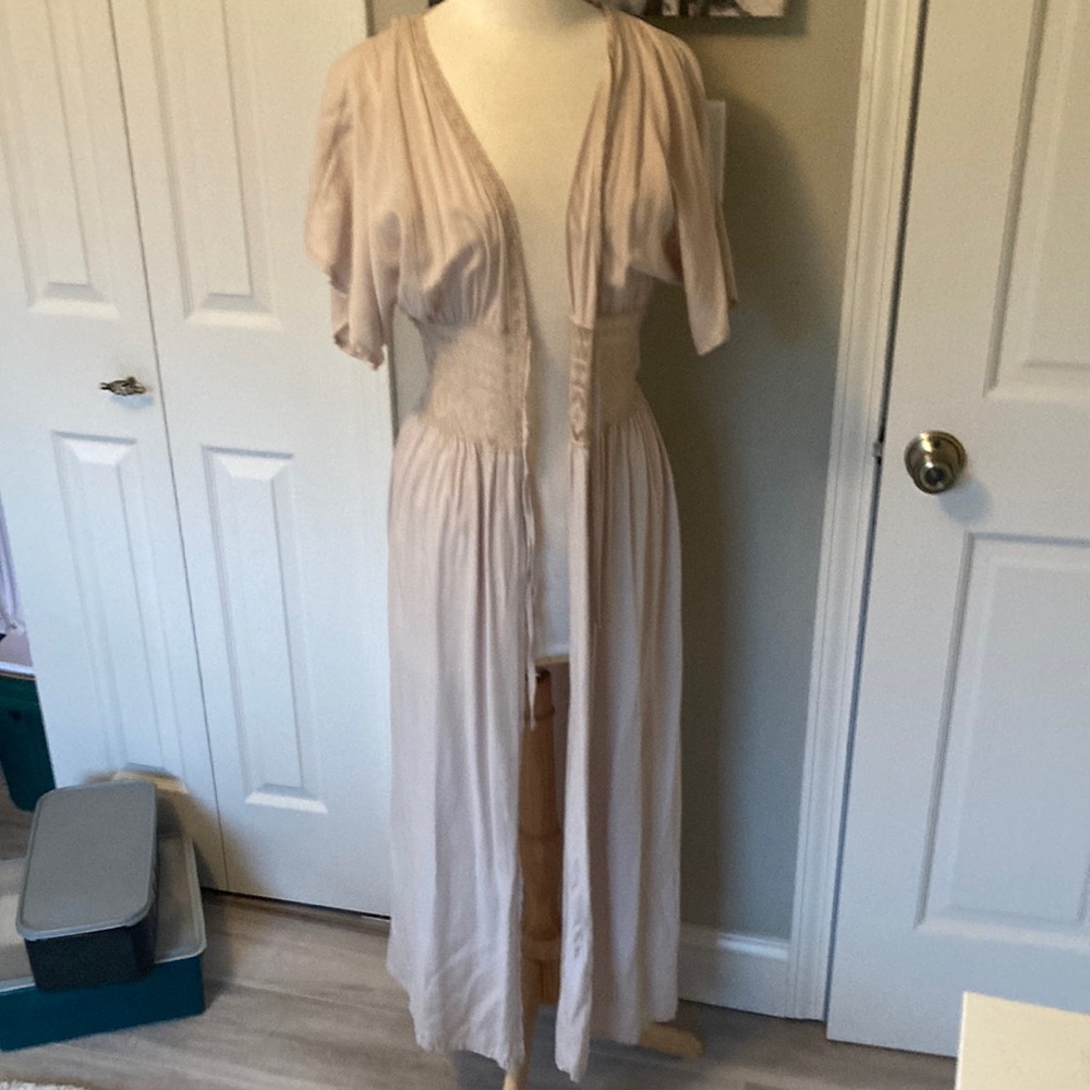 Women's Beige Maxi Cover up with Deep V and Gathered Sleeves